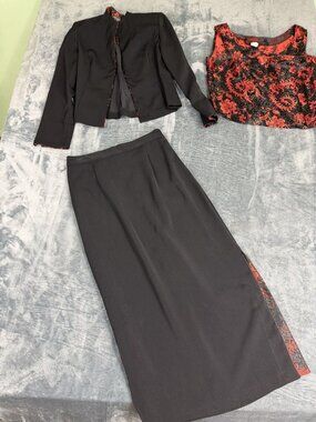 Miss Dorby Womens 3-Piece Black & Red Brocade Skirt Suit Set 8